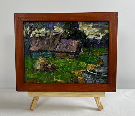 Original Oil Painting Sunset Village Landscape Evening cold breeze