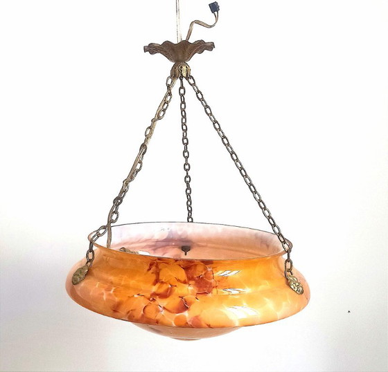 Art Deco Pendant Lamp Clichy Opaline Glass 42 cm Diameter – Brass (photo 5 of 9)