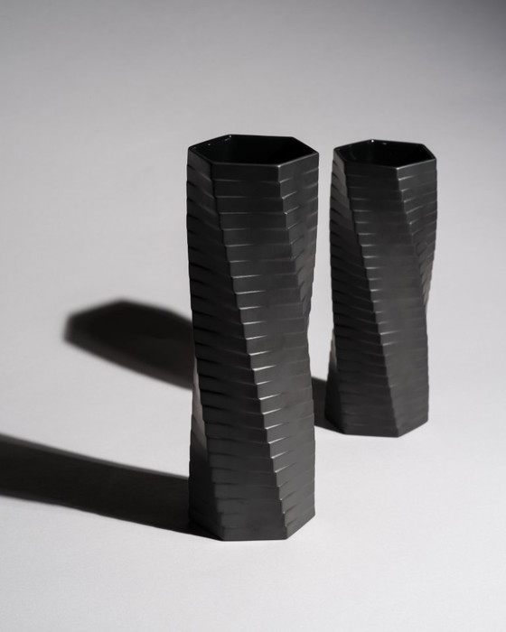 Image 1 of Vintage ROSENTHAL WERNER UHL Vase Duo Bisque Porcelaine Noire PISA 23 cm & 28 cm