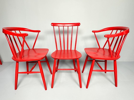 Image 1 of Vintage Set Of 3 Mid-Century Red Lacquered Chairs With Table 