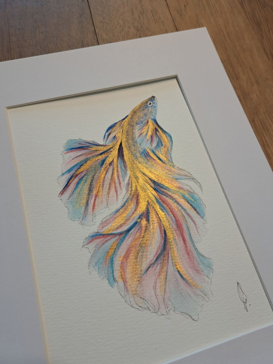 Pittura acquerello pesce Betta Halfmoon Oro| Con cornice I, Dipinti e disegni, Carta, Multicolore (foto 2 di 5)