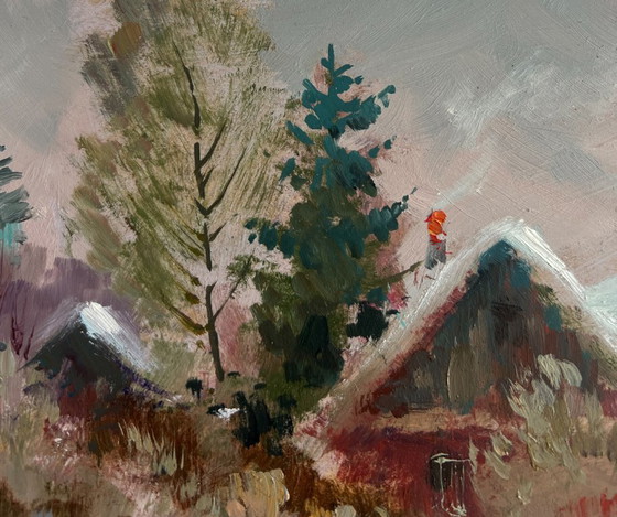 Image 1 of Original Oil Painting Winter Village Landscape Country winter evening