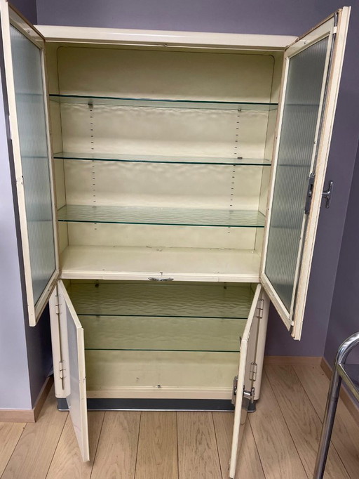 Vintage Industrial Medical Cabinet with Fluted Glass