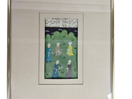 Image 1 of Watercolor - Manuscript - Antiek - Indo - Perzisch - Handgeschept Papier - Miniaturen (3) - Handgeschreven Teksten - 19e Eeuw