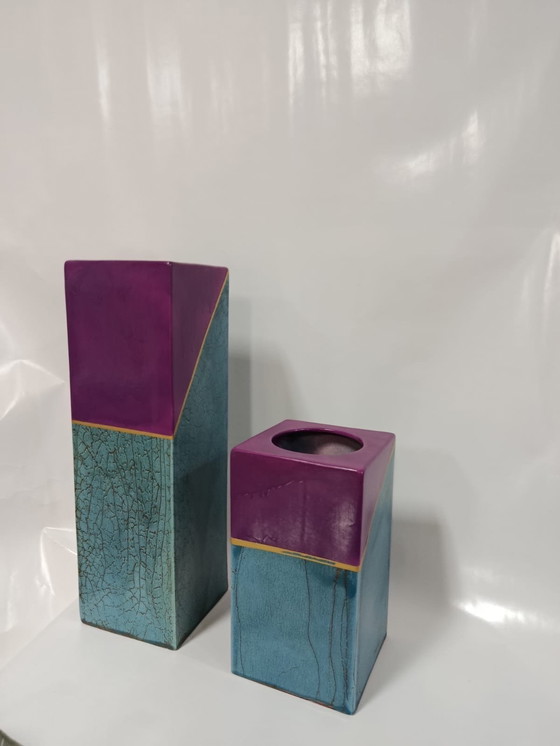 Image 1 of Stunning Teal & Plum Geometric Vase Set