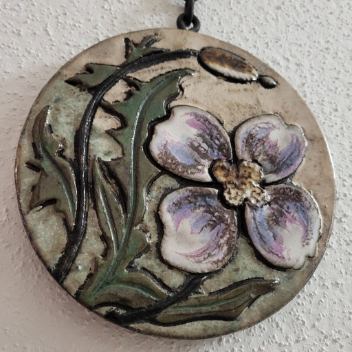 Plaque murale ronde en céramique et relief, fleurs Rusha Art 1960,70, West Germany