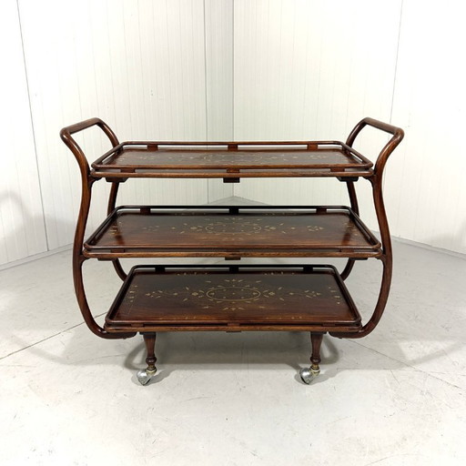 Carrello di servizio italiano in teak con ottone, anni '30-'40