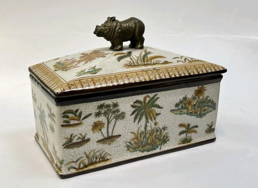 Ceramic trinket box with bronze hippopotamus decoration, rectangular porcelain unique jewelry box