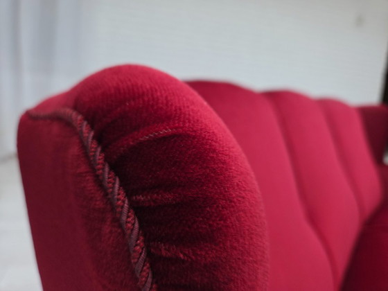 Image 1 of 1960s, Danish 3-seater curved sofa, red furniture velour.