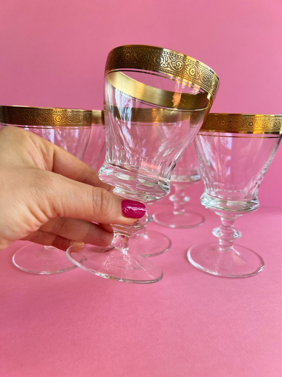 Image 1 of 6x Theresienthal Weinglas Likörglas Kristallglas „Concorde“ – 24K Goldrand – Mintonborte – Vintage