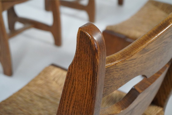 Image 1 of Set di 10 sedie brutaliste "Razor" in rovere con seduta in giunco, Paesi Bassi, anni '70