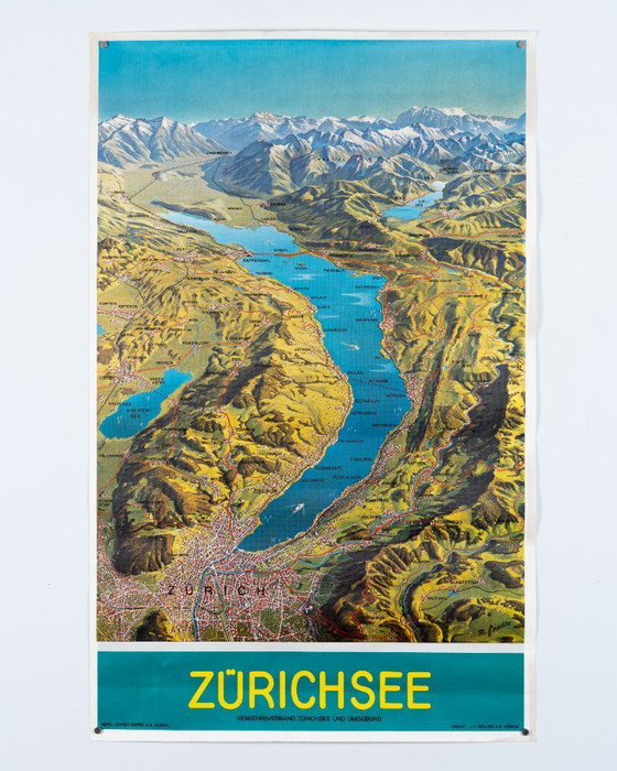 Image 1 of Lac de Zurich – 1978 Affiche de voyage vintage originale de M. Bieder – Style suisse – 101 x 64 cm