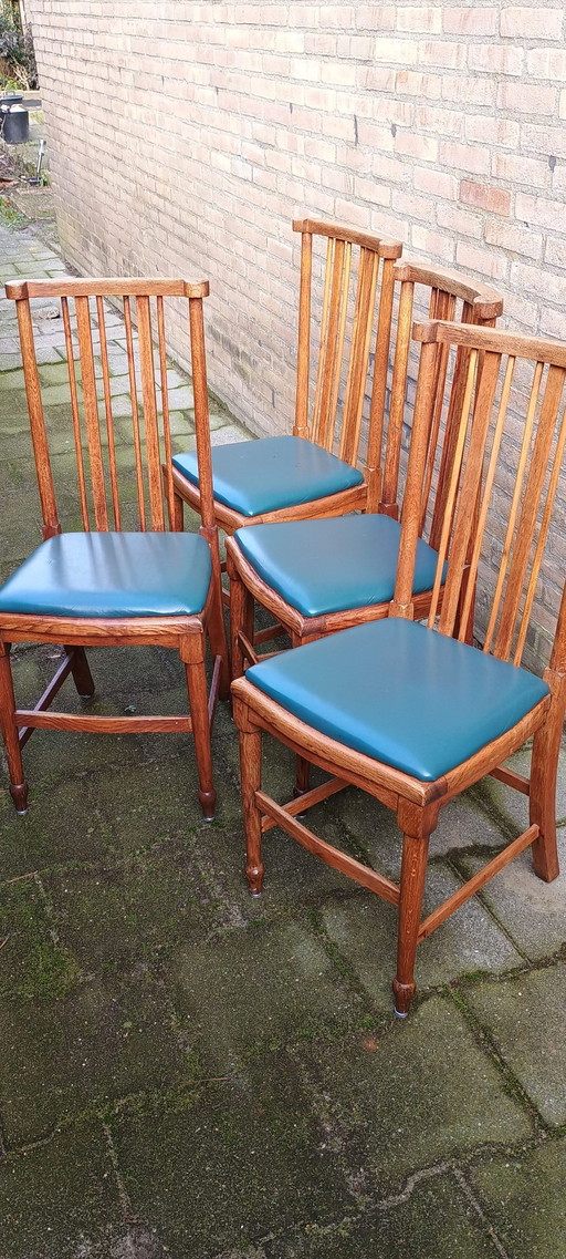 4 chaises de salle à manger anciennes en chêne anglais – eetkamerstoelen, Wood, Skai (photo 2 of 9)