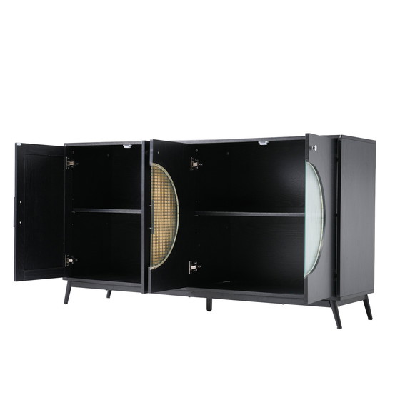 Image 1 of Credenza nera Urban Meuble con ante in vetro in rattan, anta semicircolare 160*40*80cm VELZU