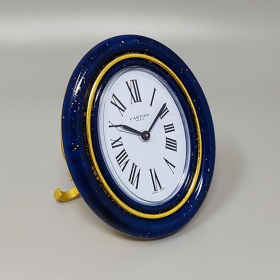 Image 1 of Pendulette Cartier en lapis-lazuli, superbe réveil des années 1980. Fabriqué en Suisse.