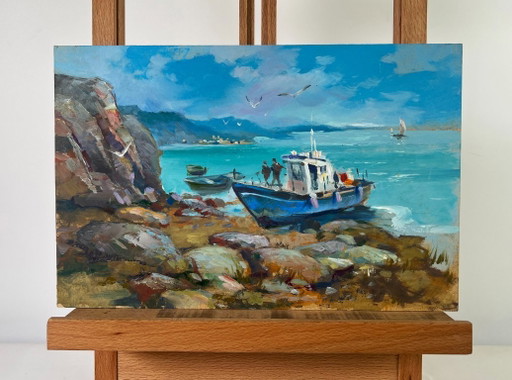 Original Oil Painting Summer Sea Landscape Boat on the horizon