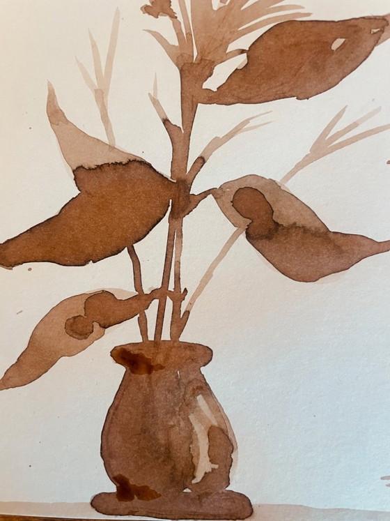 Image 1 of Painting, monochrome sepia still life "dried flowers", signed