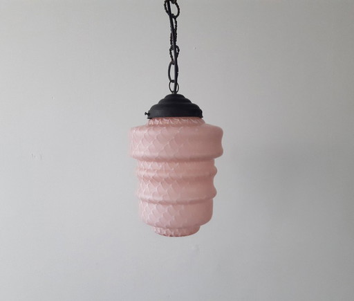 Art Deco glass ceiling lamp, vintage pink frosted glass pendant lamp with copper fixture