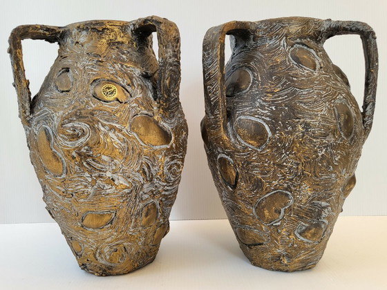 Image 1 of PAIR OF VINTAGE 1960S VASES, CERAVERRE, GILDED MOIRED CERAMIC, 1960S