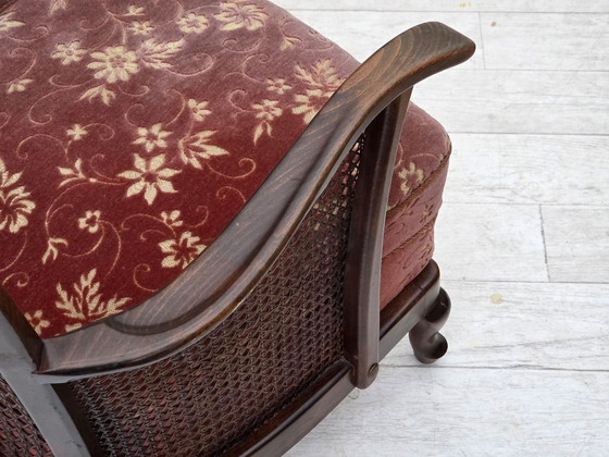 Image 1 of Sofá danés de 3 plazas, década de 1950, terciopelo rosa salmón, malla para muebles, madera de haya oscura.