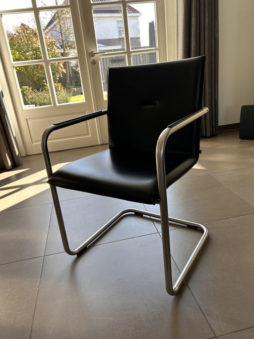 6 Arco Chairs With Leather Seat And Curved Stainless Steel Frame