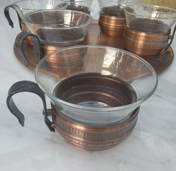 Image 1 of Set da tè in rame/vetro, vassoio da 7 pezzi con 6 bicchieri