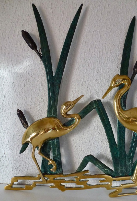 Image 1 of Decorazione murale vintage in ottone con due gru tra le canne.