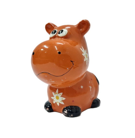 Image 1 of Vintage Ceramic Hippo Coin Bank – Whimsical Orange Folk Art 