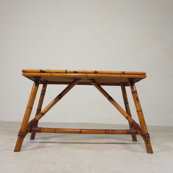 Image 1 of Rattan and bamboo coffee table with tiles, tile table, 1950s