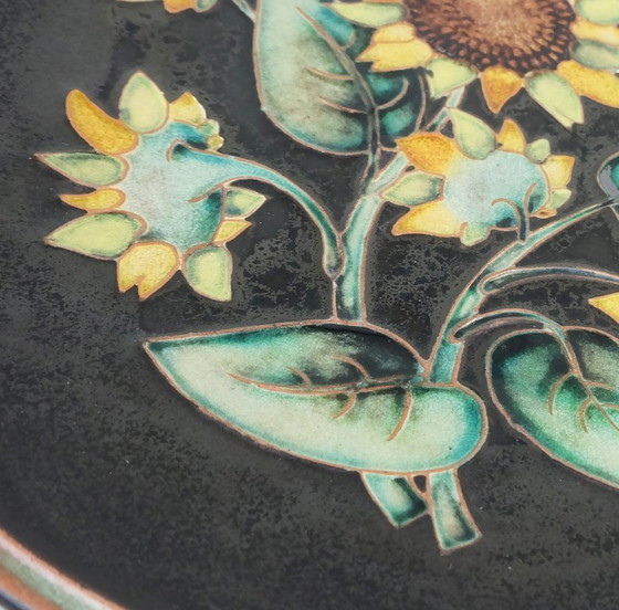 Image 1 of grande plaque murale majolika karlsruhe soleil fleurs 1950s