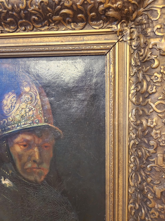 Image 1 of Pintura al óleo antigua - "El hombre del casco de oro" - Según Rembrandt van Rijn - ca. 1900 - Incluye marco barroco monumental