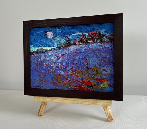 Original Oil Painting Night Field Landscape Moonlit night in the field