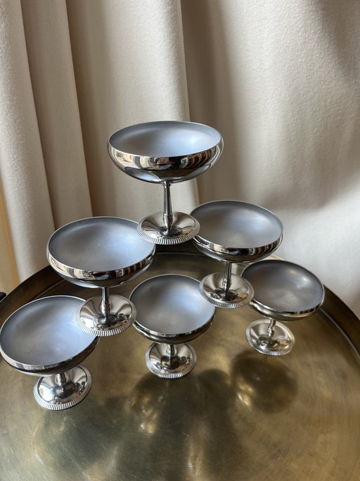 Létang & Rémy Vintage-Eisbecher – 6er-Set – Edelstahl – Frankreich 1970er Jahre