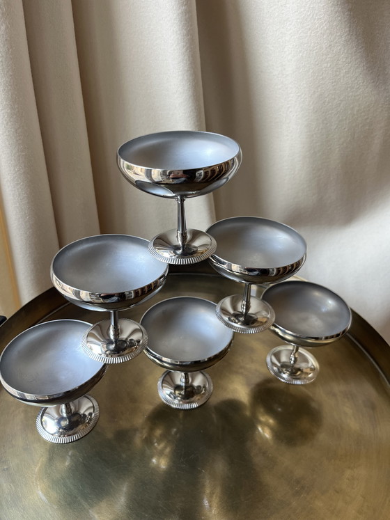 Image 1 of Set di 6 coppette da gelato vintage Létang & Rémy in acciaio inox, Francia, anni '70.