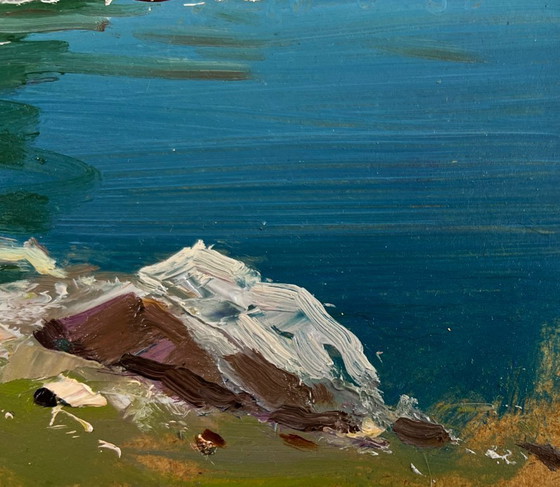 Image 1 of Original Oil Painting Coastal Rock Landscape Sea breeze on the shore