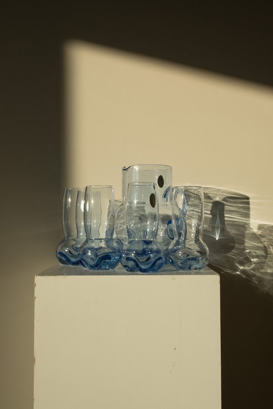 Image 1 of Vintage blue crystal glass set + carafe