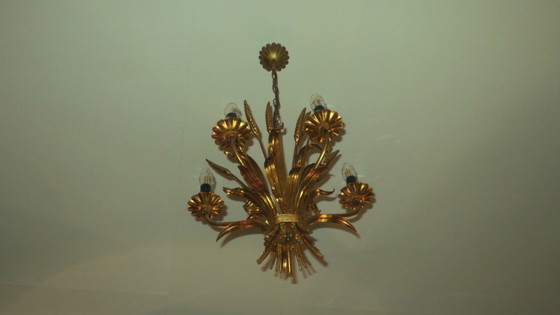 Image 1 of Lámpara de araña Tole Wheatsheaf bañada en oro de Hans Kögl, década de 1960