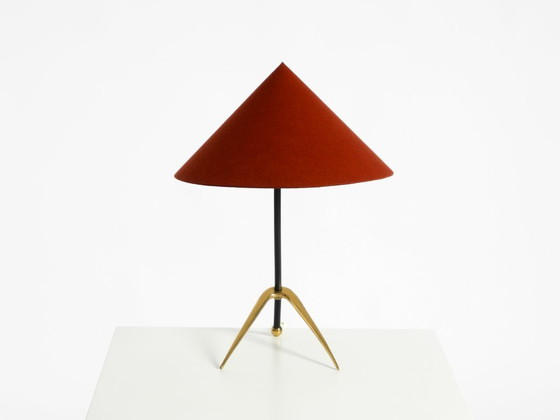 Image 1 of Beautiful, large, original Kalmar Mid-Century Modern tripod brass table lamp with a new fabric shade