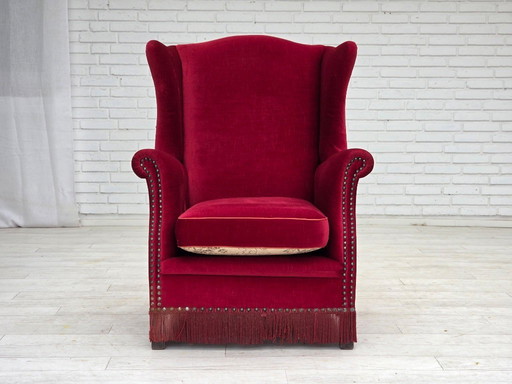 Anni '70, poltrona danese con schienale alto, velluto rosso per mobili, legno di frassino.