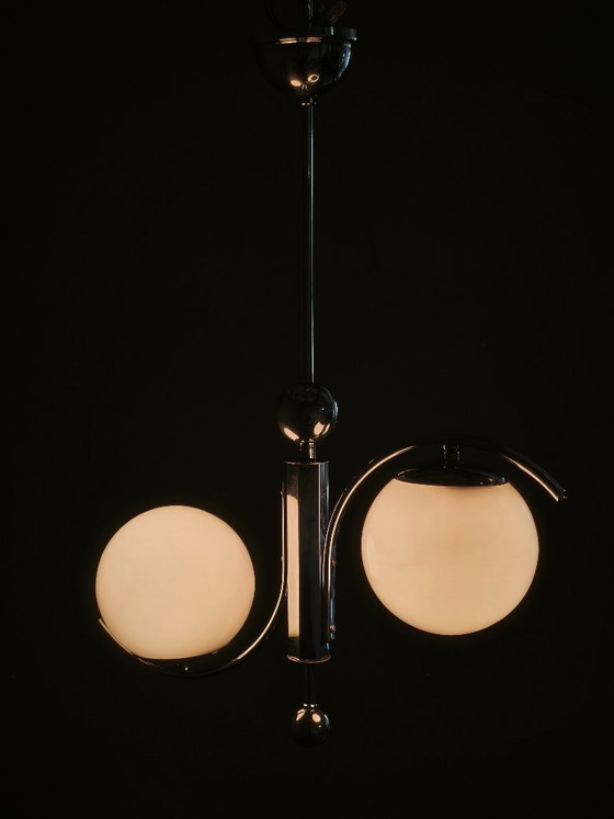 1930s Art Deco Chrome and Opaline Glass Two-Light Chandelier, Czechoslovakia, Metal, Silver (photo 10 of 10)