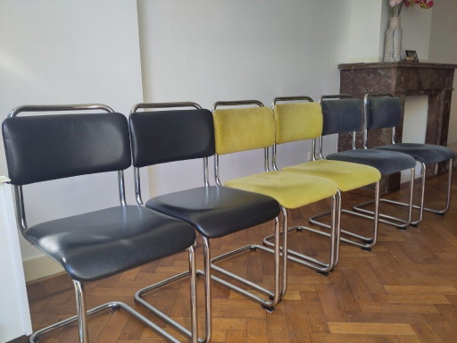 Set van 6 Dutch Originals Gispen Buisframe Eetkamerstoelen (zwart, groen, grijs/blauw)