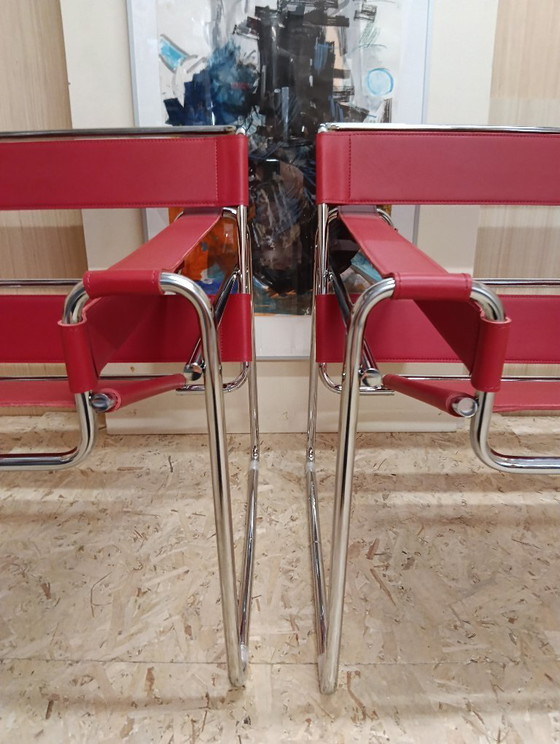 Image 1 of KNOLL Studio Set van 2 WASSILY B3 fauteuils (NIEUW) in rood leer