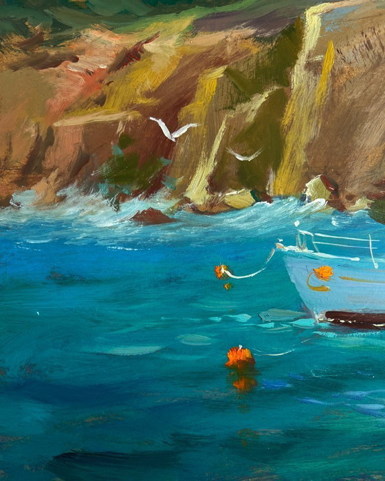 Image 1 of Original Oil Painting Sea Coastal Landscape Sailing away on a yacht