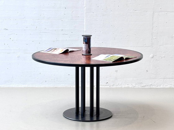 Image 1 of Round designer dining table made of thuja root veneer and steel, 1980s