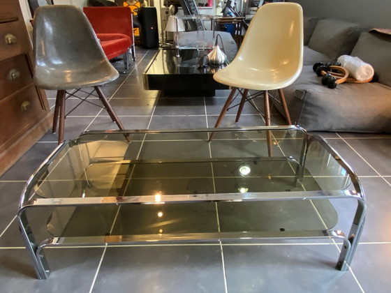 Image 1 of Table basse double plateau verre chrome style Bauhaus vintage 1970