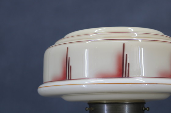 Image 1 of 1940s Restored Brass Table Lamp with Wooden Base and Glass Shade