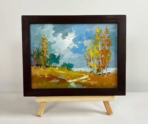 Original Oil Painting Autumn Nature Landscape Autumn trail with fallen leaves