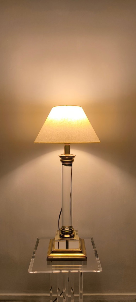 Image 1 of 😍✨ Elegant vintage 70s/80s column lamp by "Le Dauphin" in acrylic glass and brass with a new lampshade ✨😍