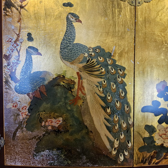 Image 1 of Vintage Chinese cabinet gold leaf flowers and peacocks and birds / oriental cabinet / bohemian cabinet / Asian cabinet