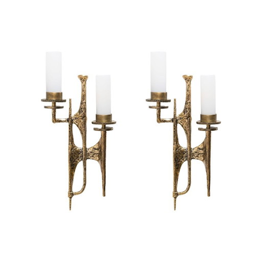 Paar Brutalistische Bronzen Wandlampen en Murano Glas Sconces van Felix Agostini